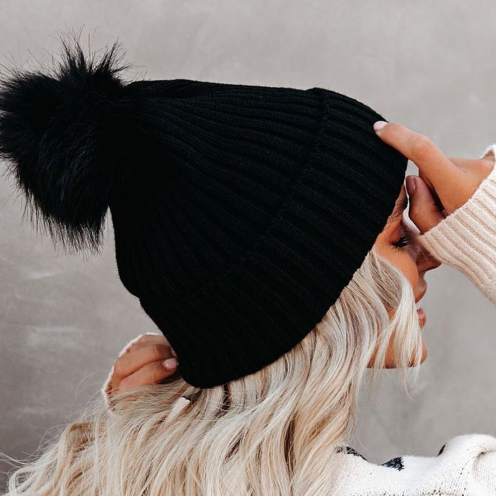 Black Winter Knit Pom Hat Beanie - Picture 2 of 8